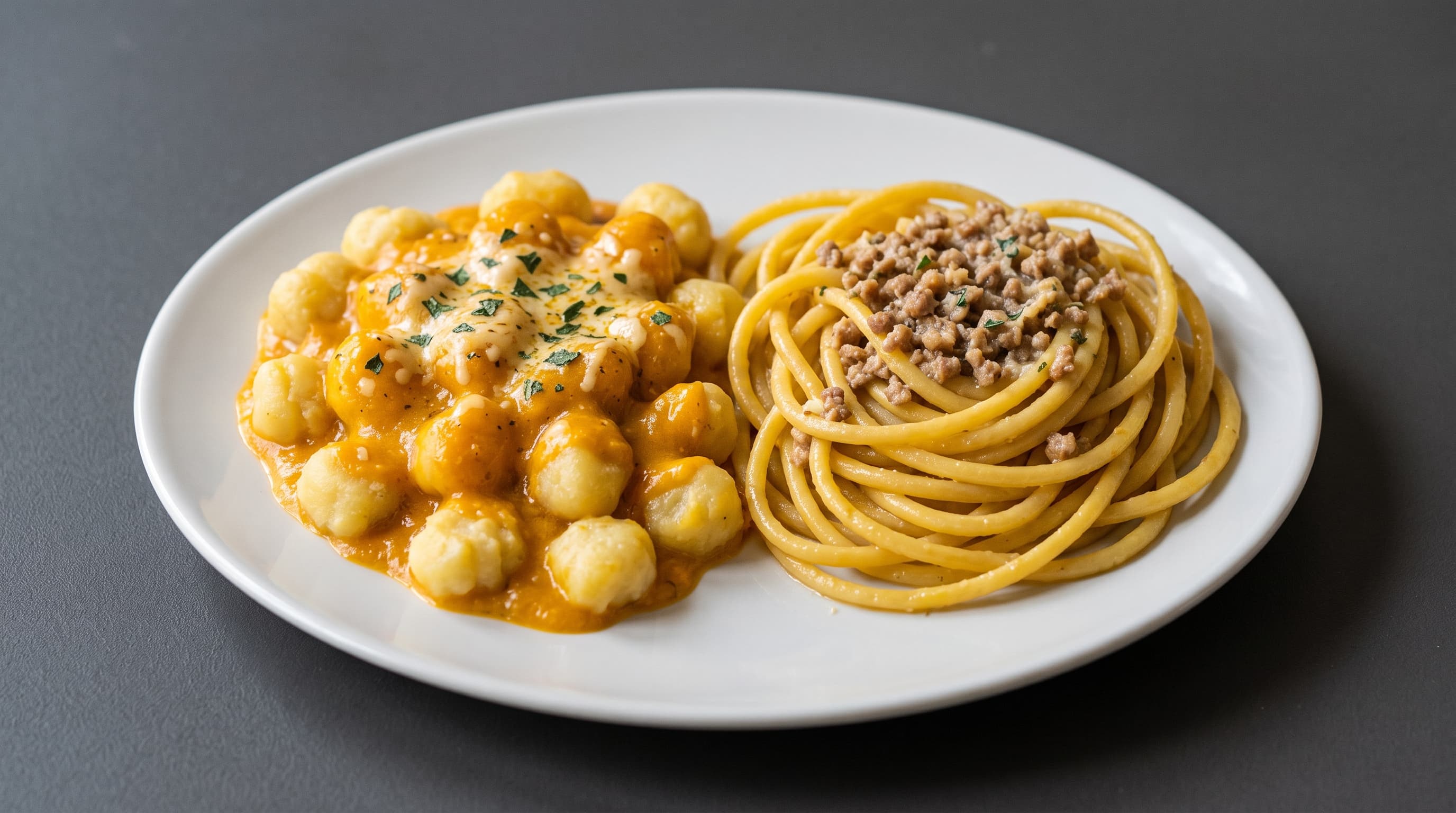 Bis di gnocchi zucca e provola, e bigoli al ragù tauriliano